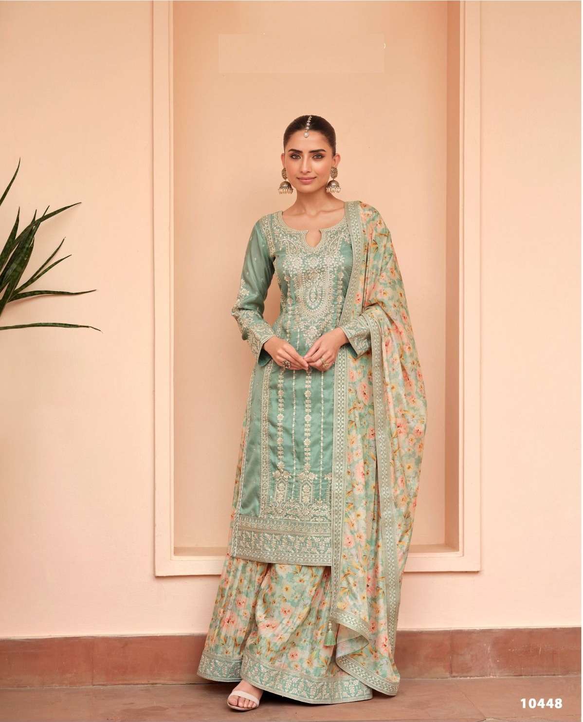 DESIGNER WEDDING PARTY WEAR SIMAR SILK PISTA GREEN SHARARA PALLAZO SALWAR SUIT AF SONALI 10448