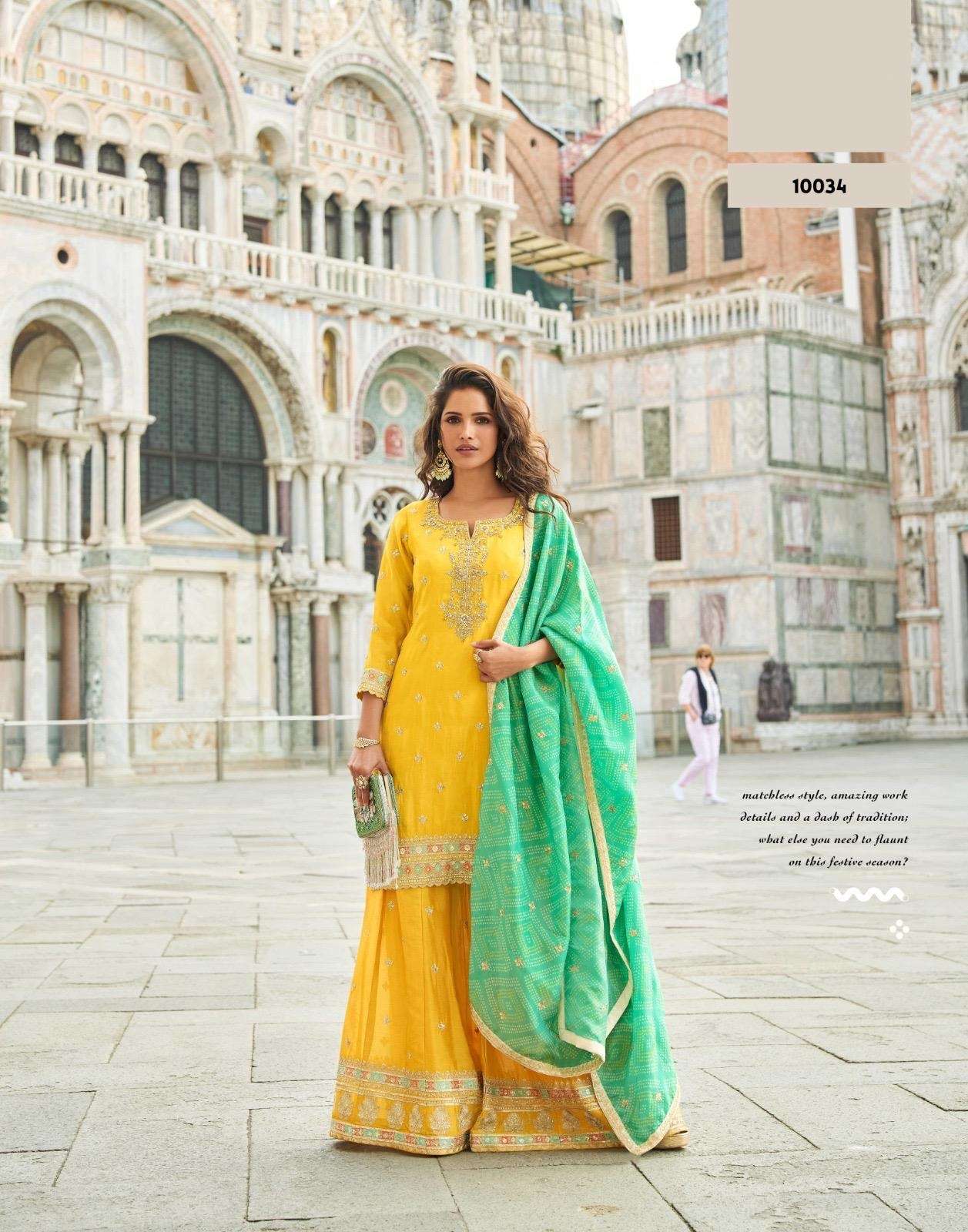 DESIGNER WEDDING PARTY WEAR SIMAR SILK YELLOW SHARARA PALLAZO SALWAR SUIT SY TAJ 10034