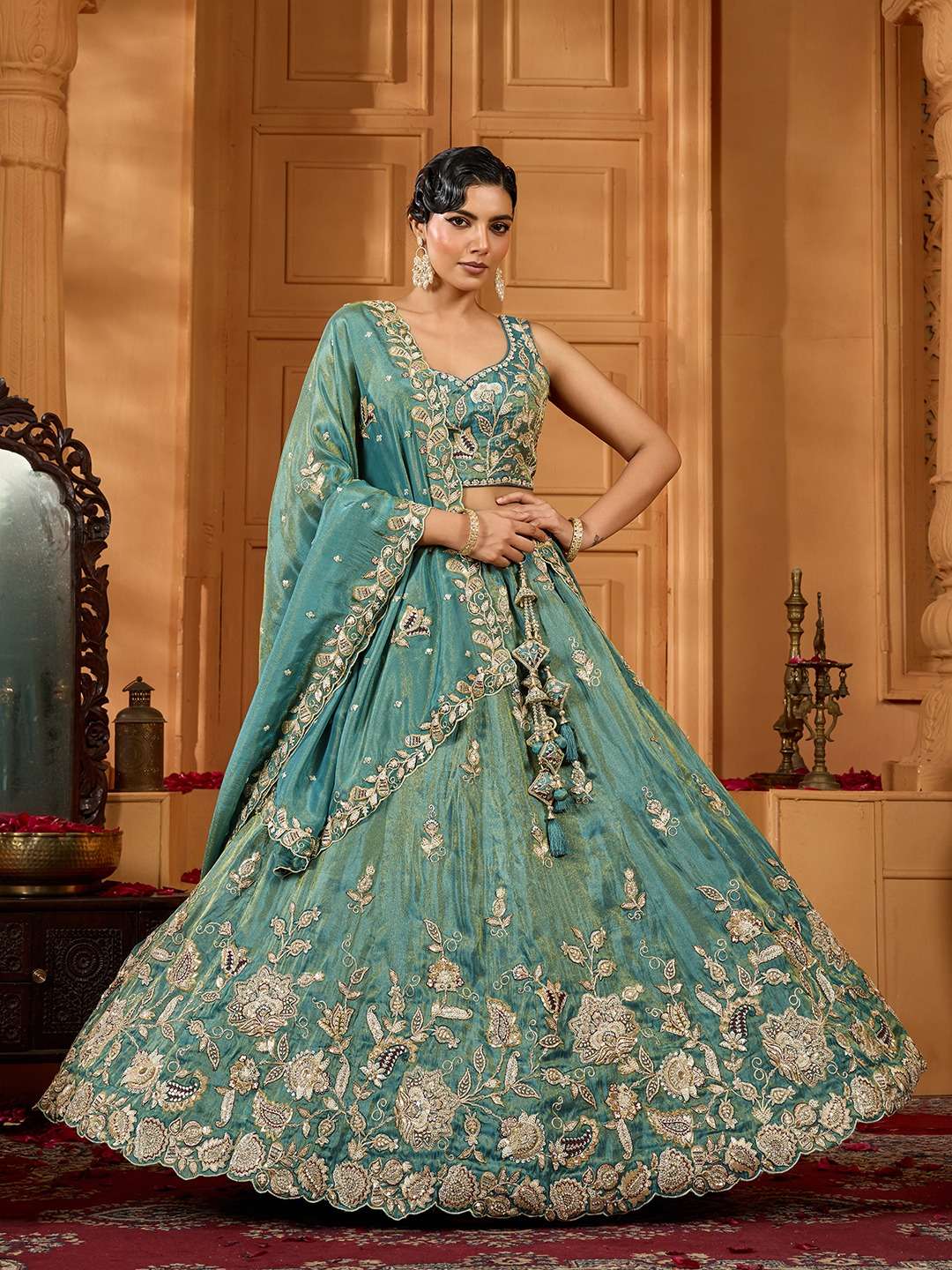 INDIAN DESIGNER BOLLYWOOD WEDDING PARTY WEAR HEAVY TISSUE SILK GREEN LEHENGA CHOLI NT 6208 A