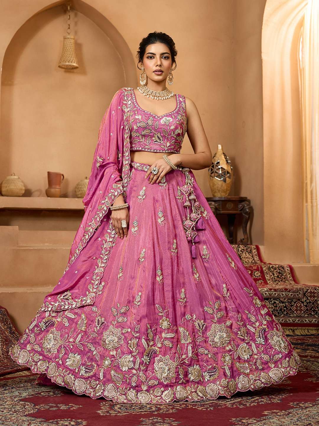 INDIAN DESIGNER BOLLYWOOD WEDDING PARTY WEAR HEAVY TISSUE SILK PINK LEHENGA CHOLI NT 6208 B