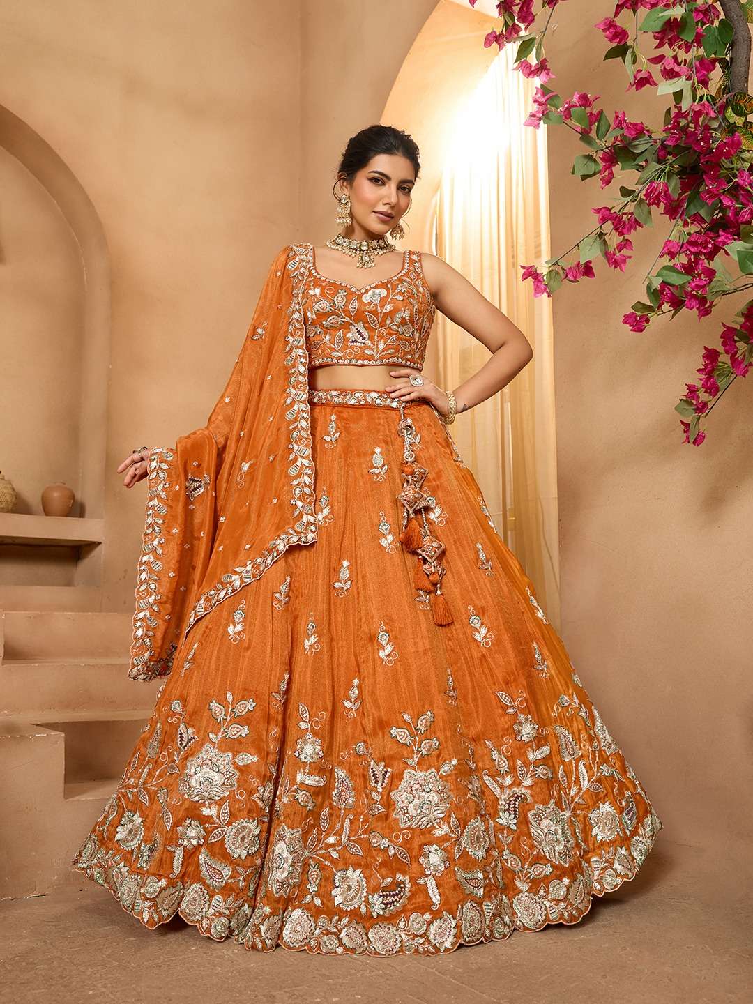 INDIAN DESIGNER BOLLYWOOD WEDDING PARTY WEAR HEAVY TISSUE SILK ORANGE LEHENGA CHOLI NT 6208 C