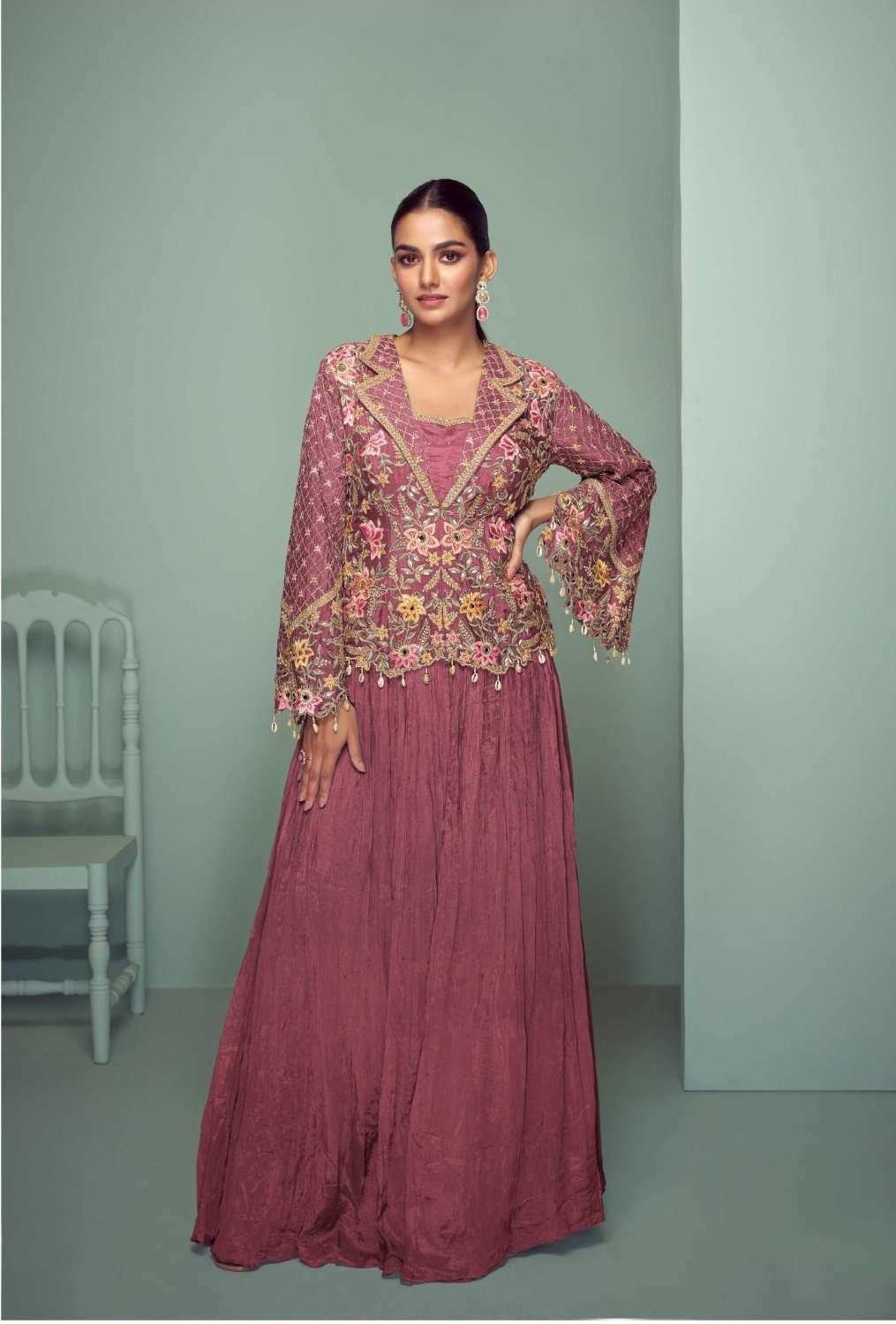 INDIAN DESIGNER FANCY WEDDING PARTY WEAR CHINON DEEP PINK PALLAZO SHARARA SALWAR SUIT GL CROWN 7508 A