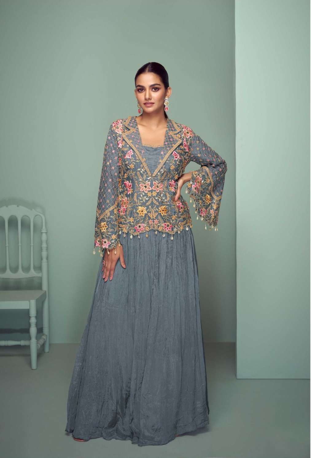 INDIAN DESIGNER FANCY WEDDING PARTY WEAR CHINON GREY PALLAZO SHARARA SALWAR SUIT GL CROWN 7508 B