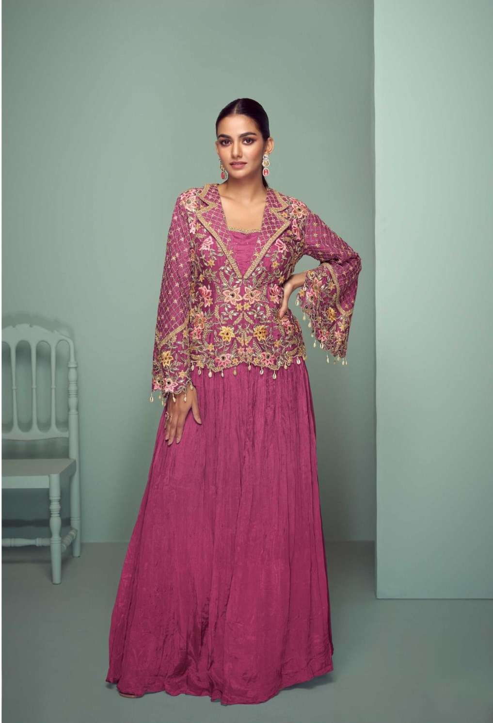 INDIAN DESIGNER FANCY WEDDING PARTY WEAR CHINON PINK PALLAZO SHARARA SALWAR SUIT GL CROWN 7508 C