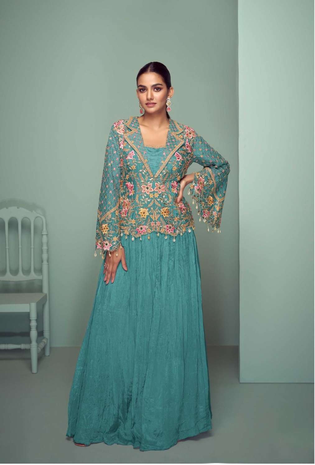 INDIAN DESIGNER FANCY WEDDING PARTY WEAR CHINON SKY BLUE PALLAZO SHARARA SALWAR SUIT GL CROWN 7508 D
