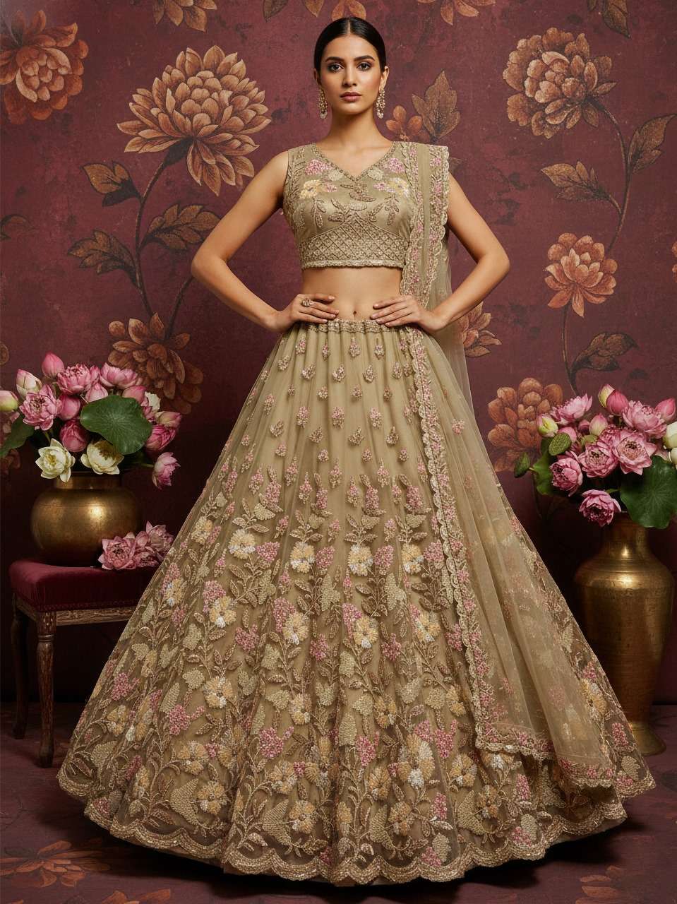 DESIGNER BOLLYWOOD BRIDAL WEDDING PARTY WEAR CHIKU NET LEHENGA CHOLI SENHORA DRESSES PC ROMANOV A1