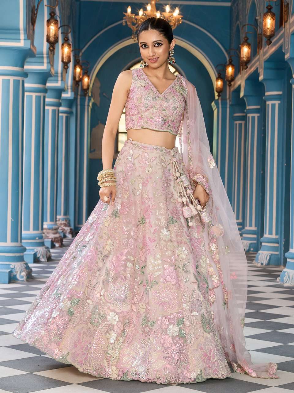 DESIGNER BOLLYWOOD BRIDAL WEDDING PARTY WEAR CREAM NET LEHENGA CHOLI SENHORA DRESSES NT 6198 D