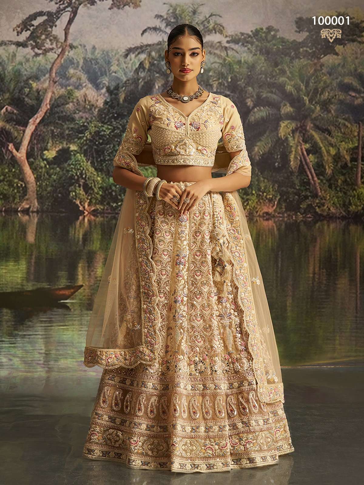DESIGNER BOLLYWOOD BRIDAL WEDDING PARTY WEAR CREAM NET LEHENGA CHOLI SENHORA DRESSES DST ARYA 100001