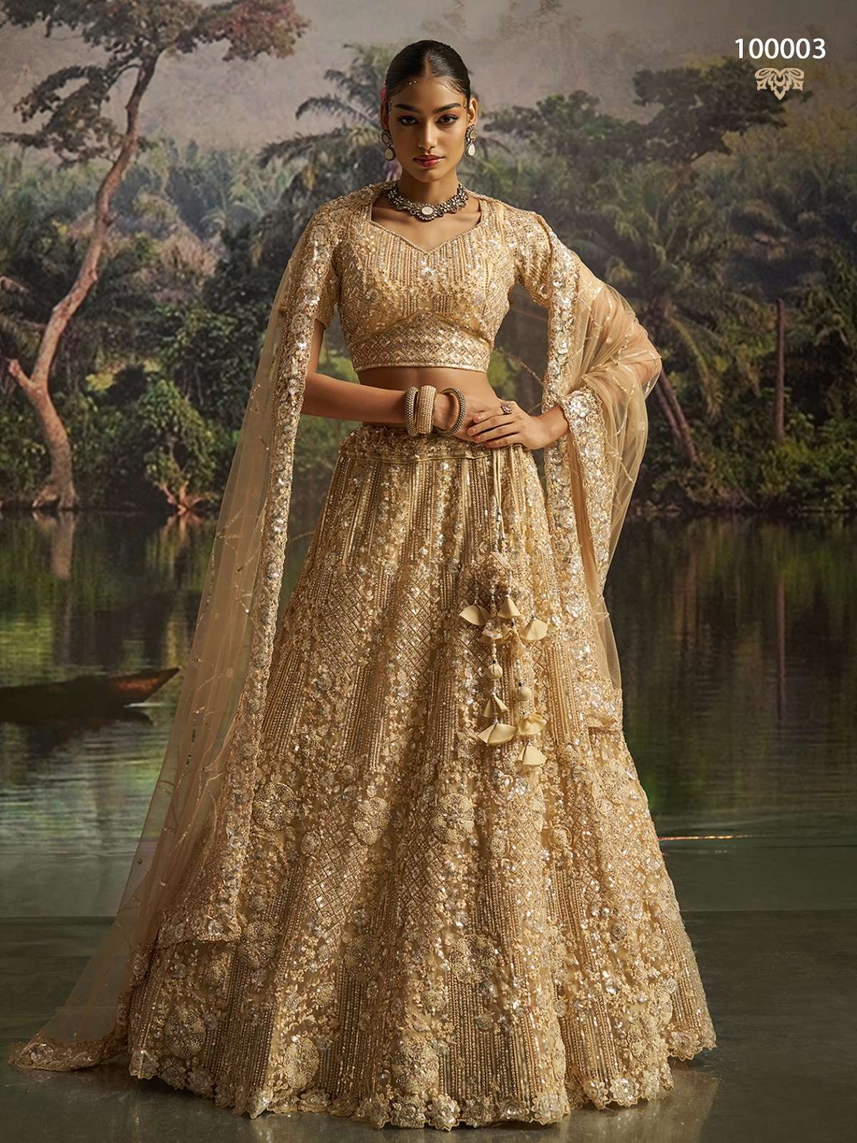 DESIGNER BOLLYWOOD BRIDAL WEDDING PARTY WEAR CREAM NET LEHENGA CHOLI SENHORA DRESSES DST ARYA 100003