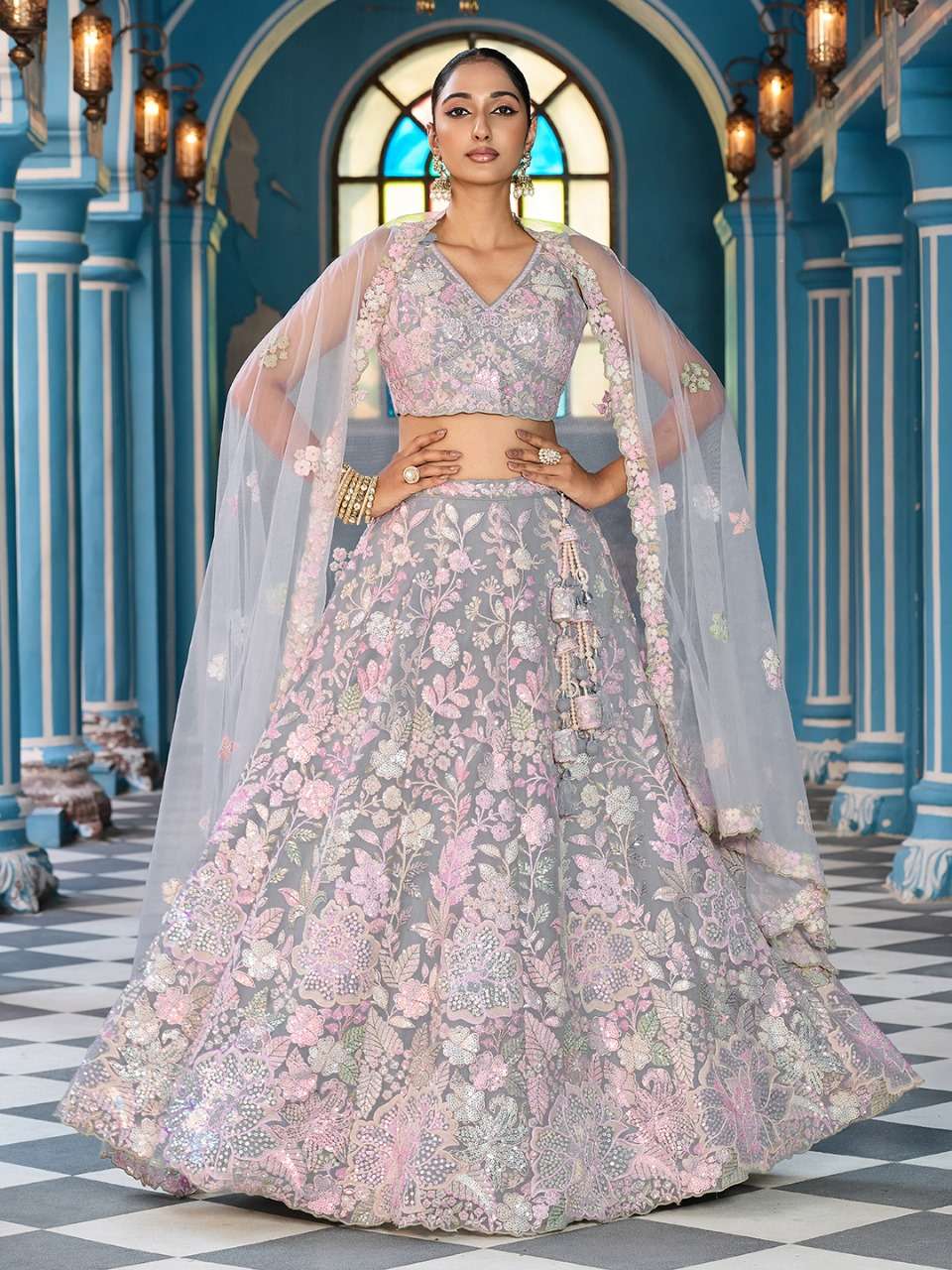 DESIGNER BOLLYWOOD BRIDAL WEDDING PARTY WEAR GREY NET LEHENGA CHOLI SENHORA DRESSES NT 6198 C