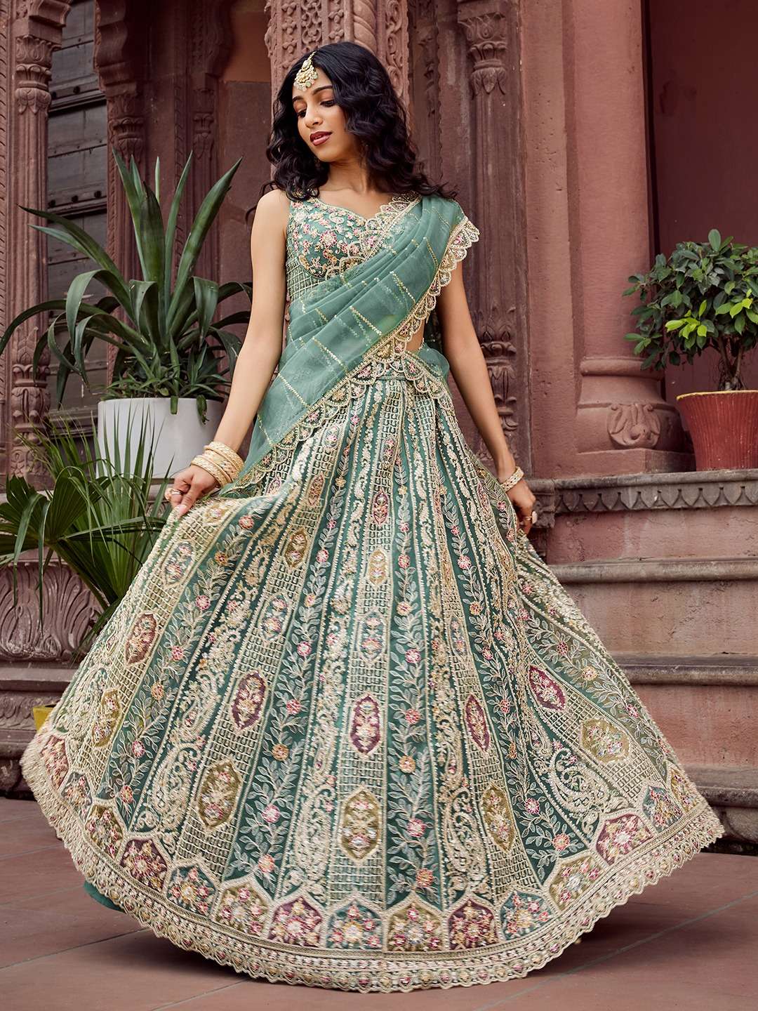 DESIGNER BOLLYWOOD BRIDAL WEDDING PARTY WEAR LIME GREEN NET LEHENGA CHOLI SENHORA DRESSES NT 6249 B