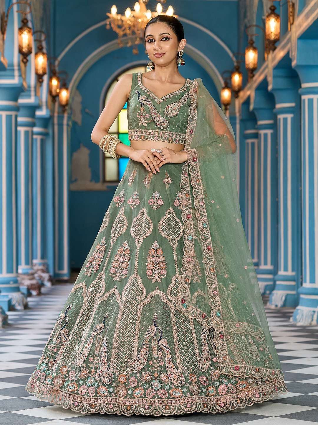 DESIGNER BOLLYWOOD BRIDAL WEDDING PARTY WEAR NET GREEN LEHENGA CHOLI SENHORA DRESSES NT 6282 C