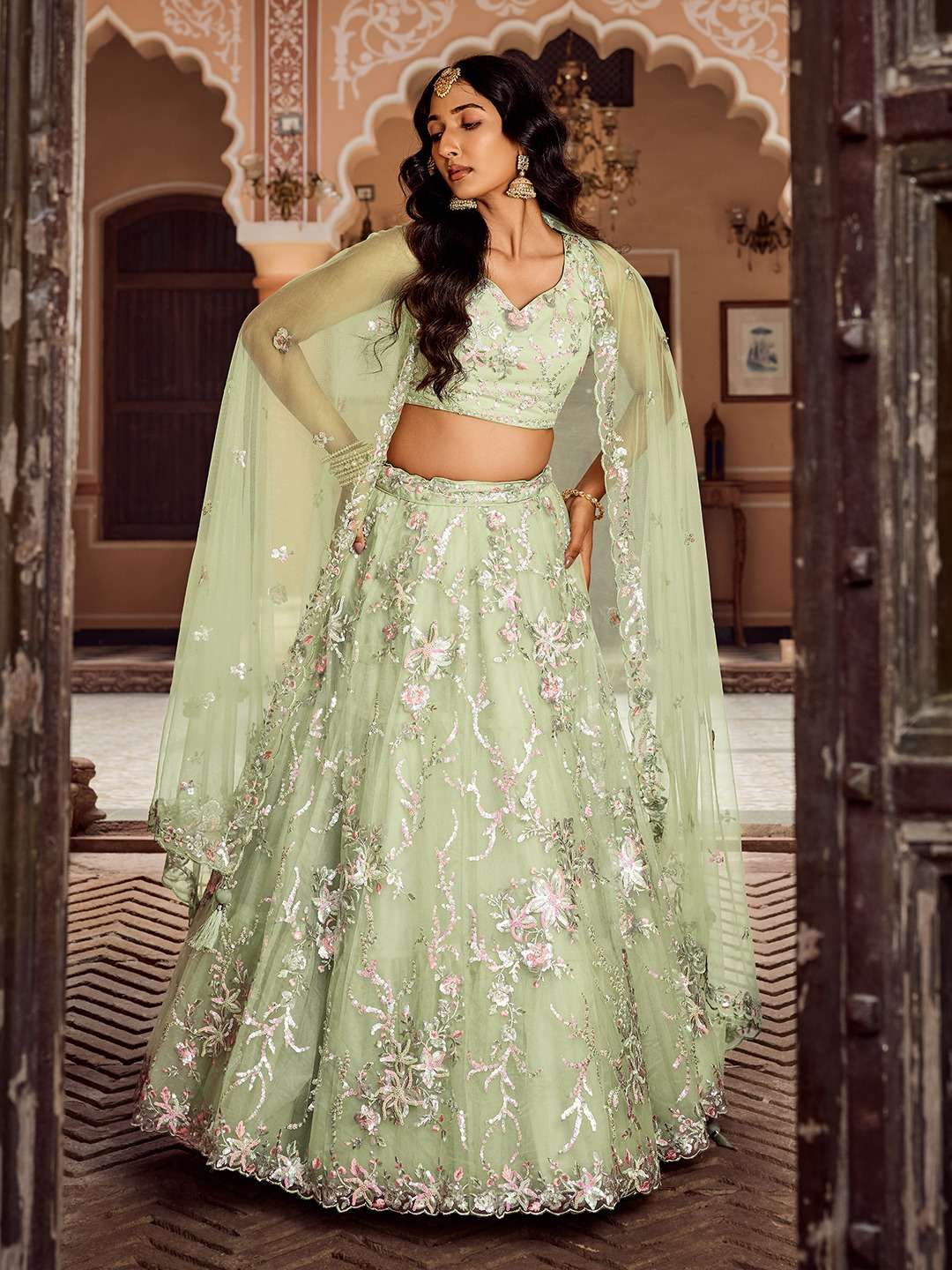 DESIGNER BOLLYWOOD BRIDAL WEDDING PARTY WEAR NET LEHENGA CHOLI SENHORA DRESSES NT 6280 C