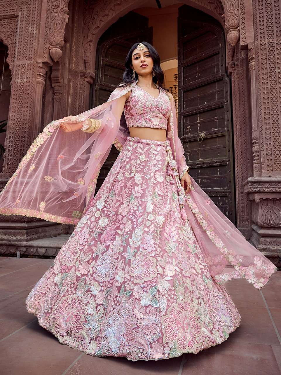DESIGNER BOLLYWOOD BRIDAL WEDDING PARTY WEAR PINK NET LEHENGA CHOLI SENHORA DRESSES NT 6198 B