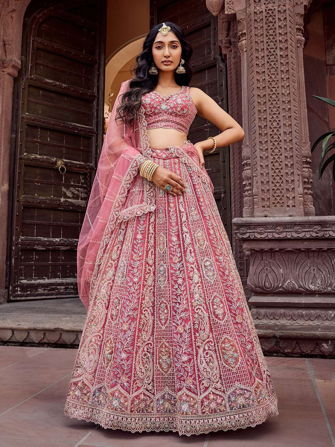 DESIGNER BOLLYWOOD BRIDAL WEDDING PARTY WEAR PINK NET LEHENGA CHOLI SENHORA DRESSES NT 6249 A