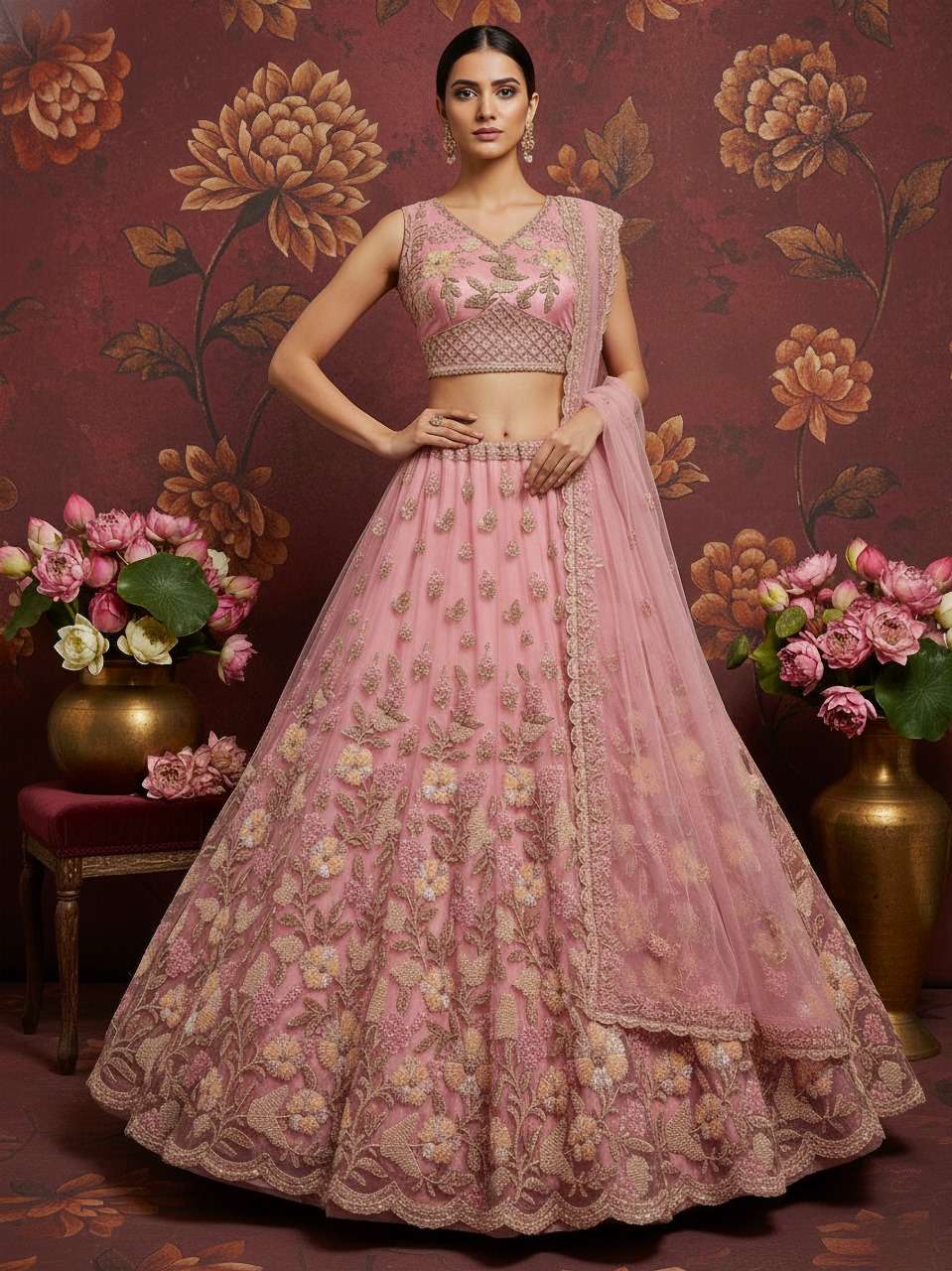 DESIGNER BOLLYWOOD BRIDAL WEDDING PARTY WEAR PINK NET LEHENGA CHOLI SENHORA DRESSES PC ROMANOV A2