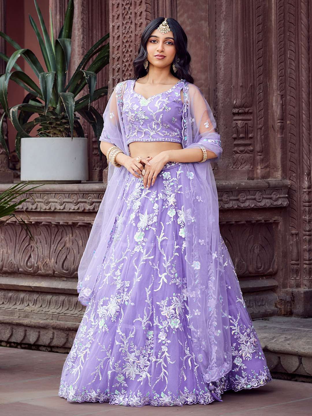 DESIGNER BOLLYWOOD BRIDAL WEDDING PARTY WEAR PURPLE NET LEHENGA CHOLI SENHORA DRESSES NT 6280 B