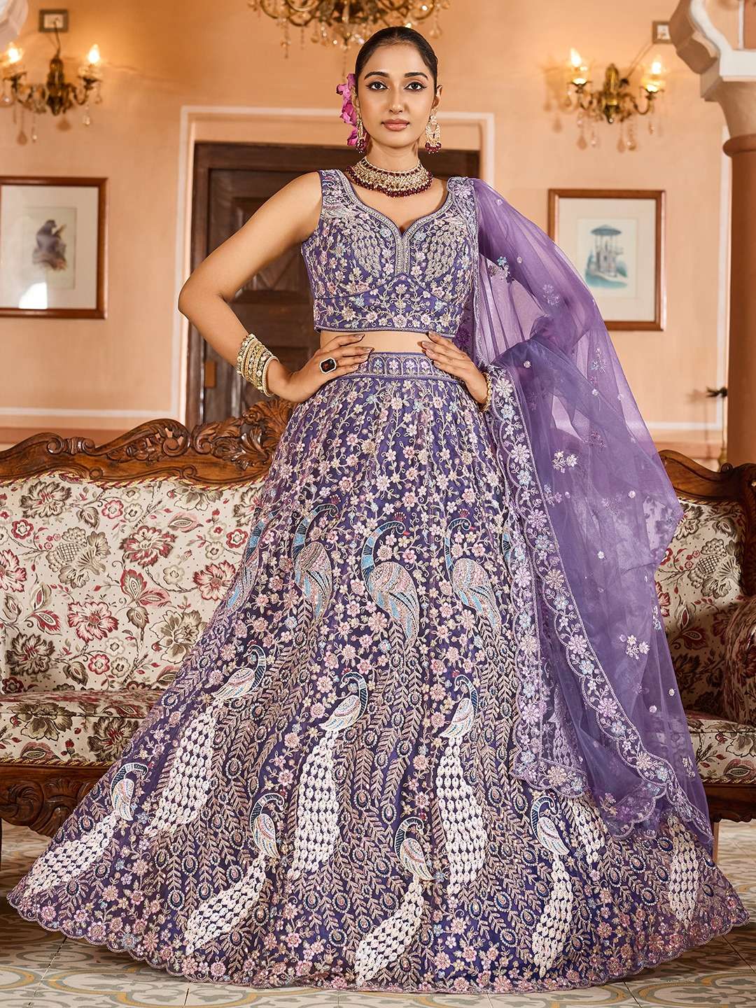 DESIGNER BOLLYWOOD BRIDAL WEDDING PARTY WEAR PURPLE NET LEHENGA CHOLI SENHORA DRESSES NT 6262 A