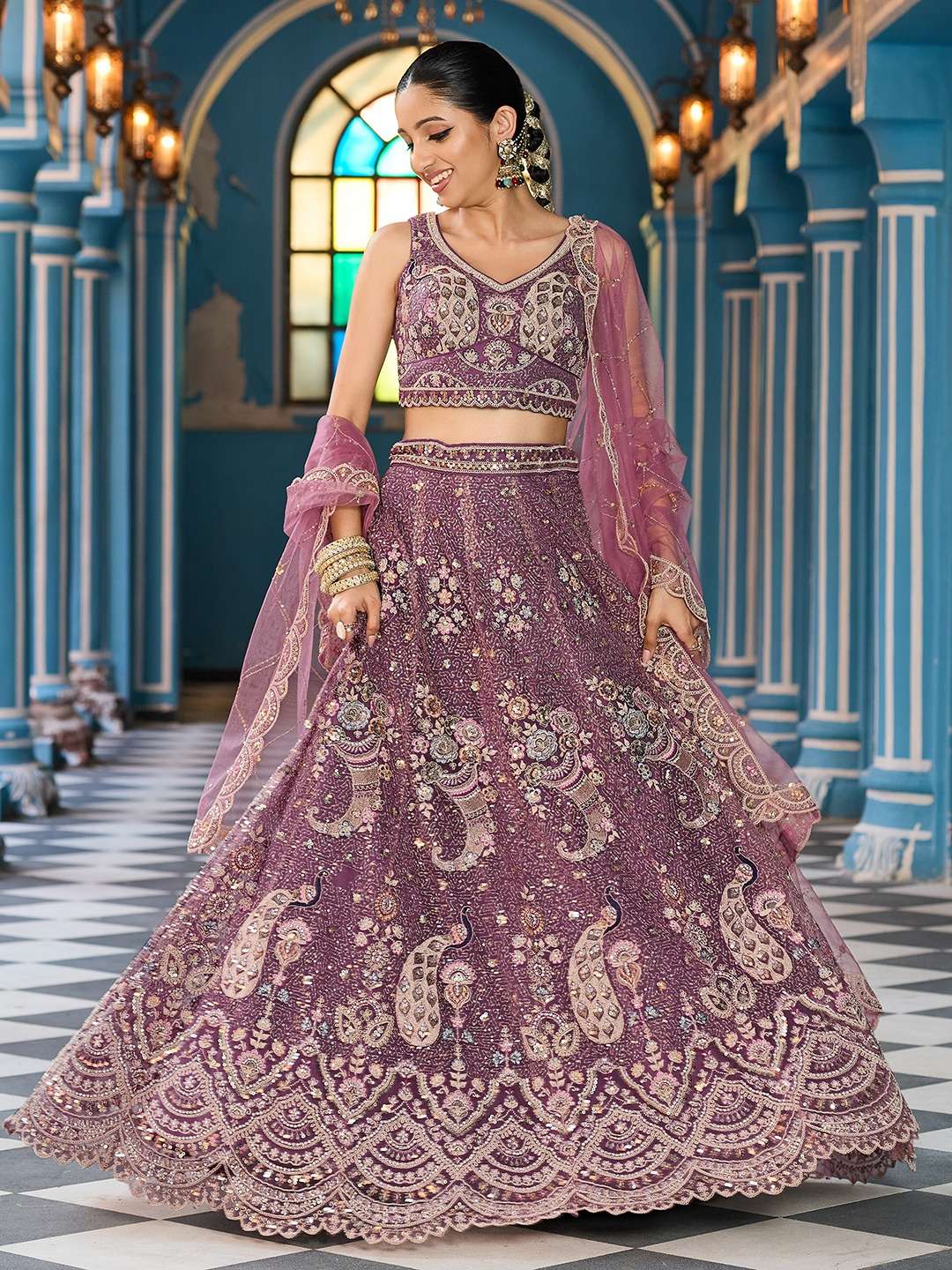 DESIGNER BOLLYWOOD BRIDAL WEDDING PARTY WEAR PURPLE NET LEHENGA CHOLI SENHORA DRESSES NT 6246 B