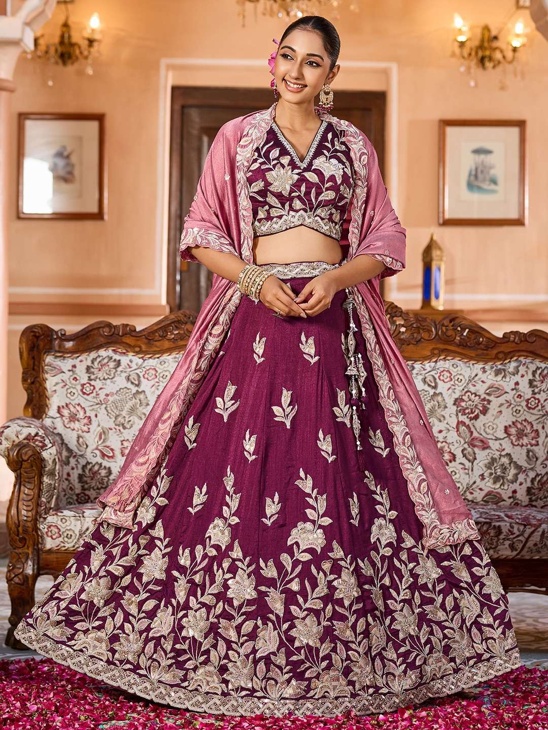 DESIGNER BOLLYWOOD BRIDAL WEDDING PARTY WEAR SILK BURGANDY LEHENGA CHOLI SENHORA DRESSES NT 6211