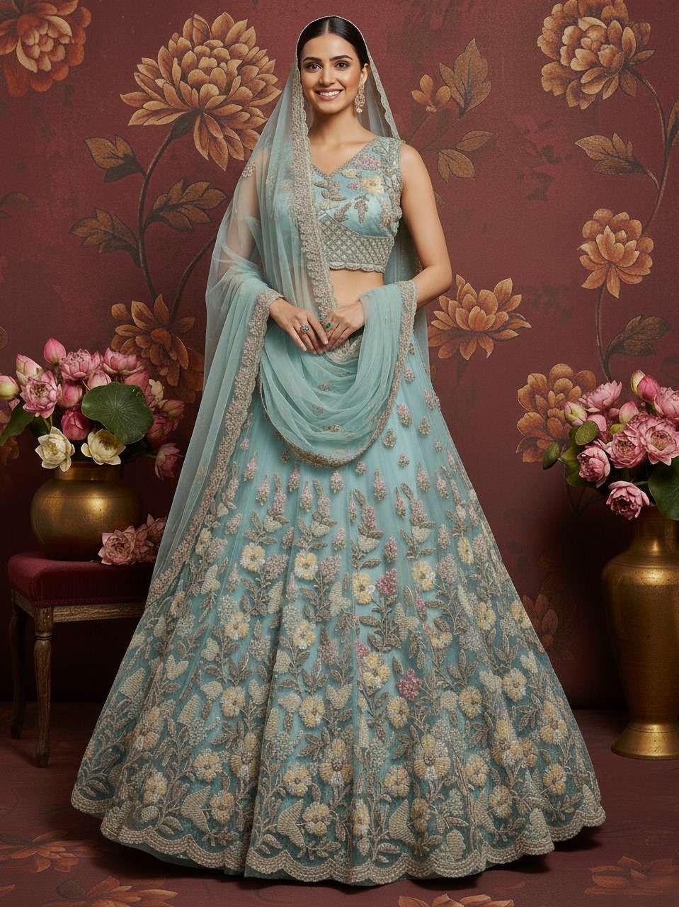 DESIGNER BOLLYWOOD BRIDAL WEDDING PARTY WEAR SKY BLUE NET LEHENGA CHOLI SENHORA DRESSES PC ROMANOV A3