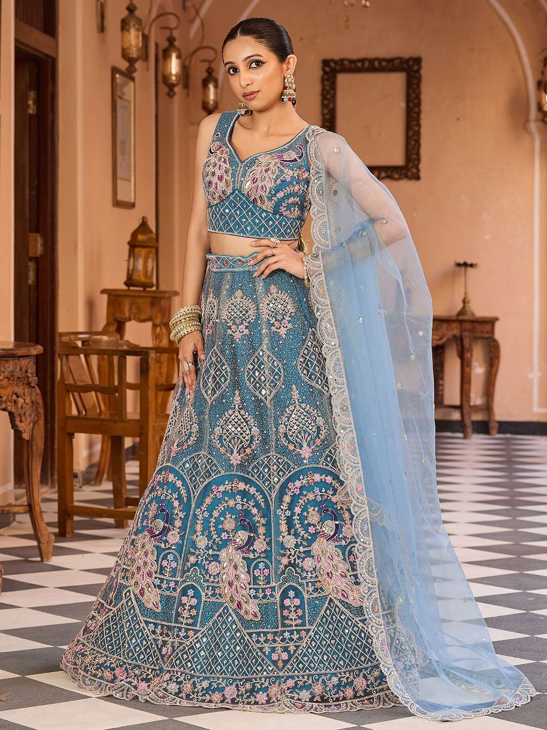 DESIGNER BOLLYWOOD BRIDAL WEDDING PARTY WEAR TEAL BLUE NET LEHENGA CHOLI SENHORA DRESSES NT 6261 A