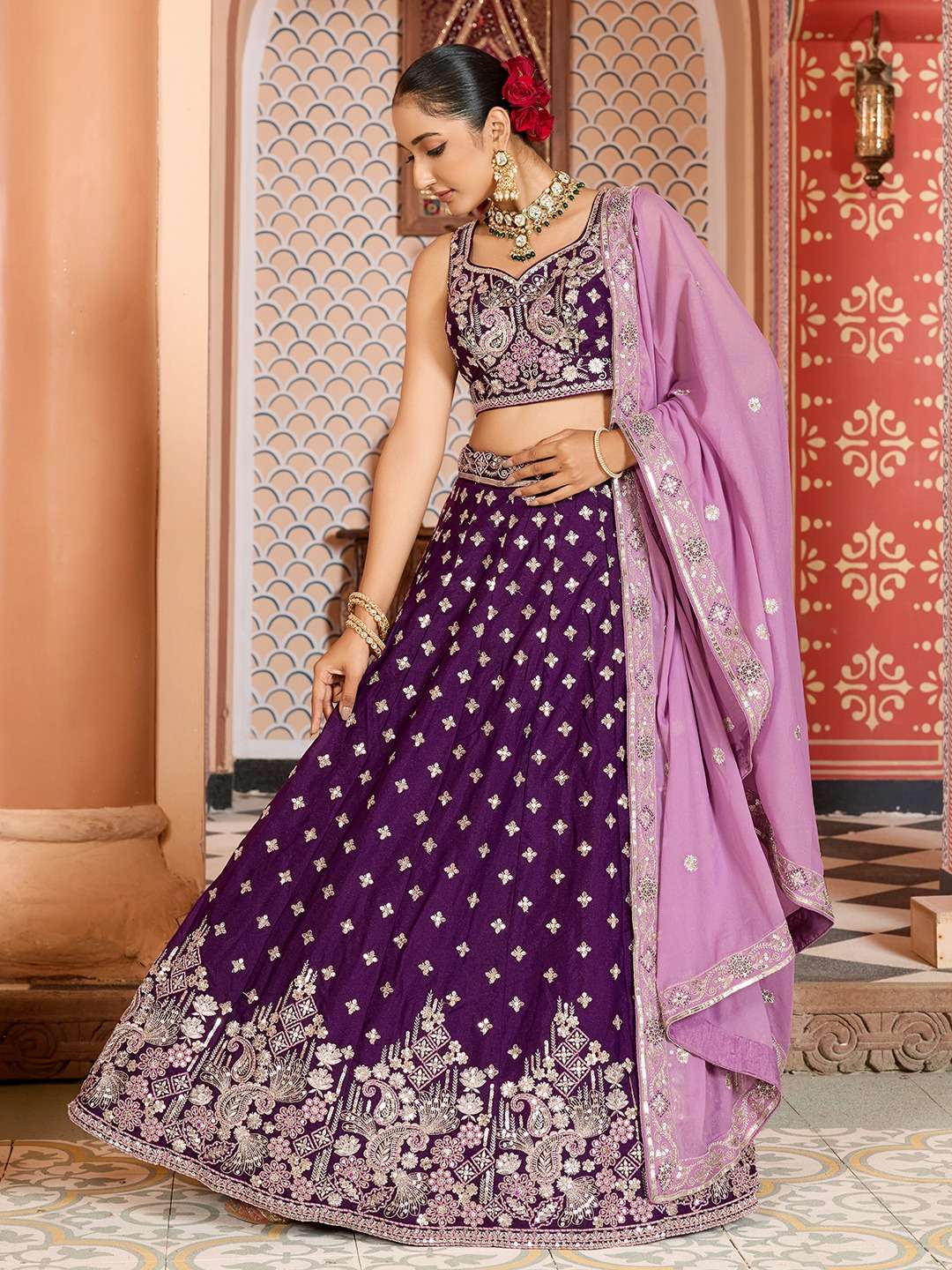 DESIGNER BOLLYWOOD BRIDAL WEDDING PARTY WEAR TISSUE SILK PURPLE LEHENGA CHOLI SENHORA DRESSES NT 6219 A