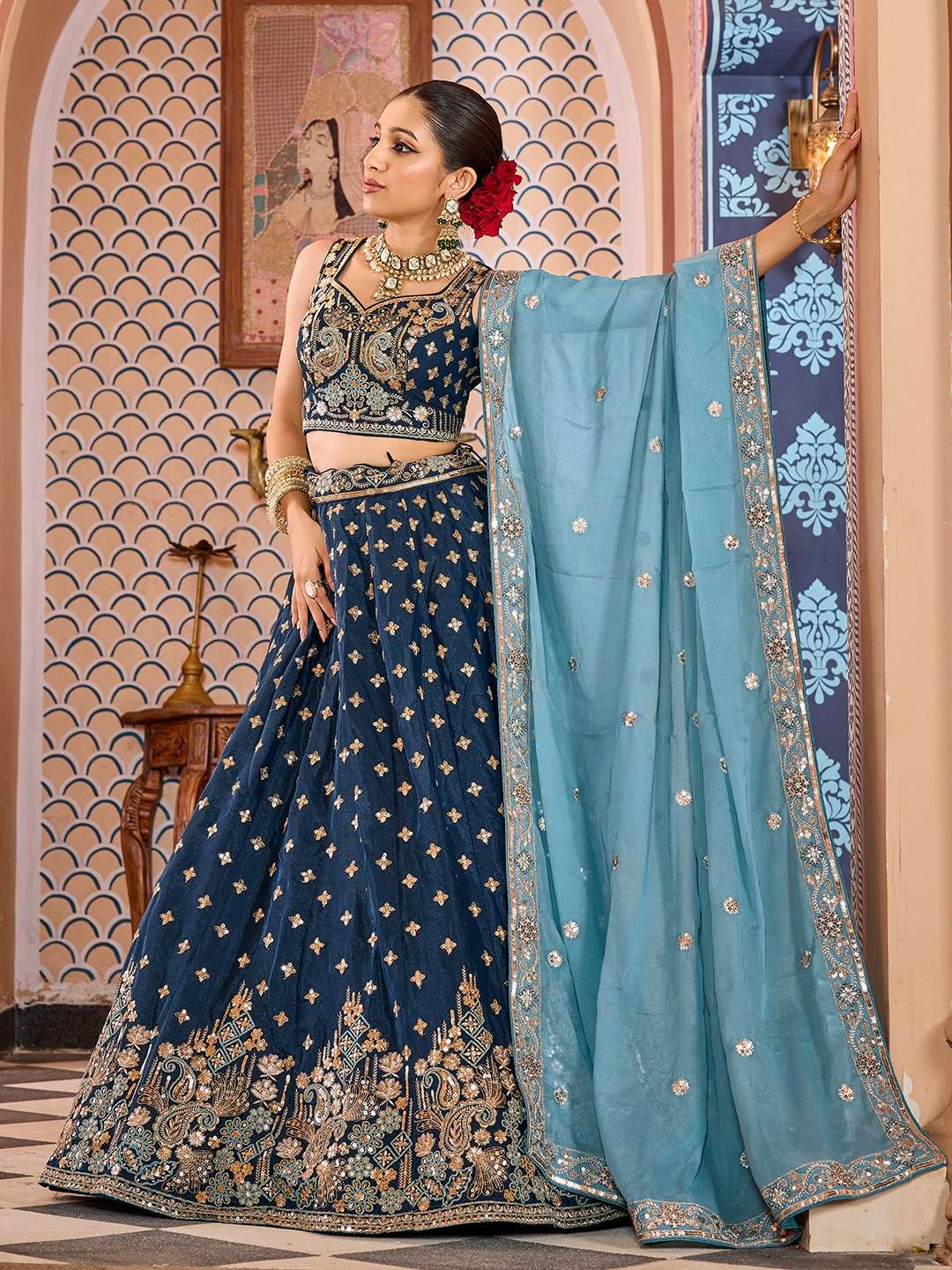 DESIGNER BOLLYWOOD BRIDAL WEDDING PARTY WEAR TISSUE SILK BLUE LEHENGA CHOLI SENHORA DRESSES NT 6219 B
