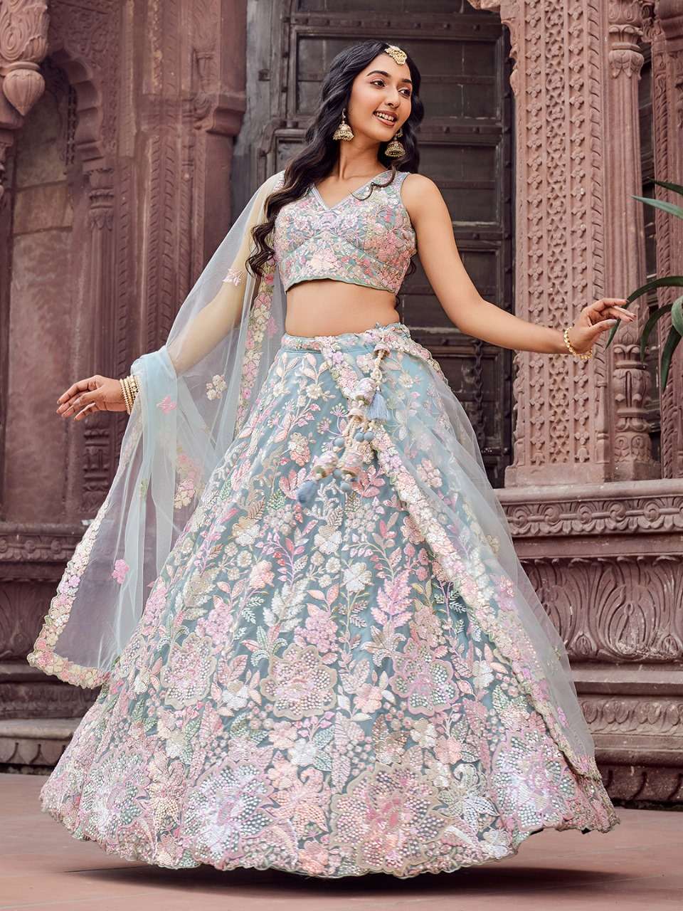 DESIGNER BOLLYWOOD BRIDAL WEDDING PARTY WEAR TURQUOISE BLUE NET LEHENGA CHOLI SENHORA DRESSES NT 6198 A A