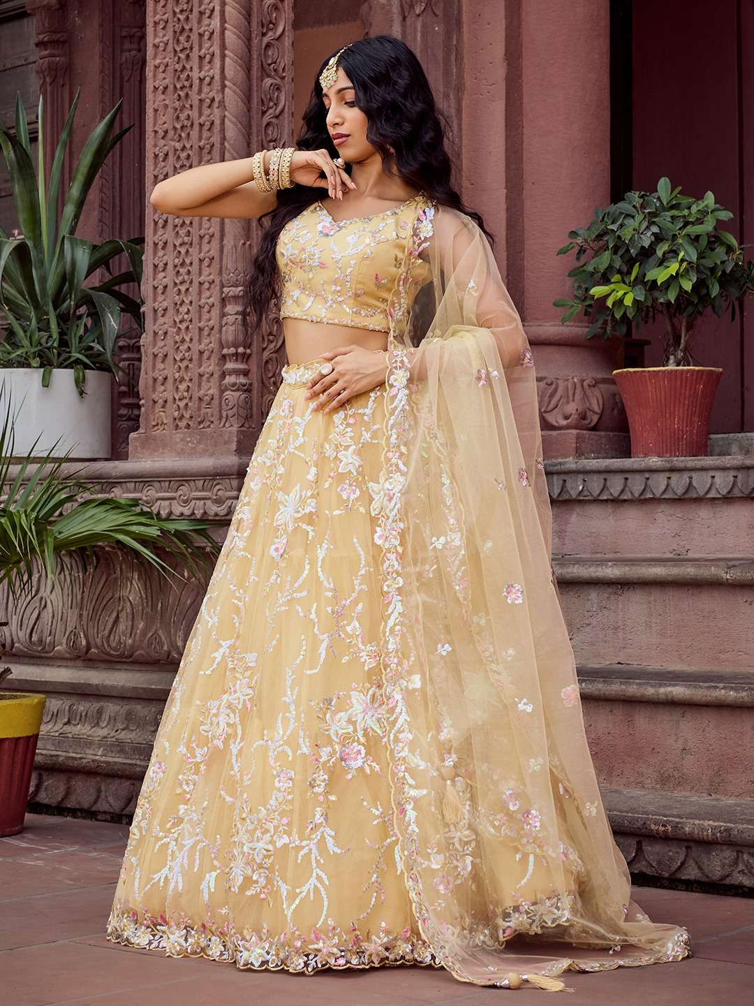 DESIGNER BOLLYWOOD BRIDAL WEDDING PARTY WEAR YELLOW NET LEHENGA CHOLI SENHORA DRESSES NT 6280 A