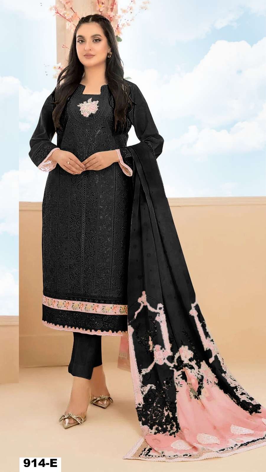 DESIGNER FANCY CAMBRIC COTTON BLACK PAKISTANI SALWAR SUIT CP 914 E