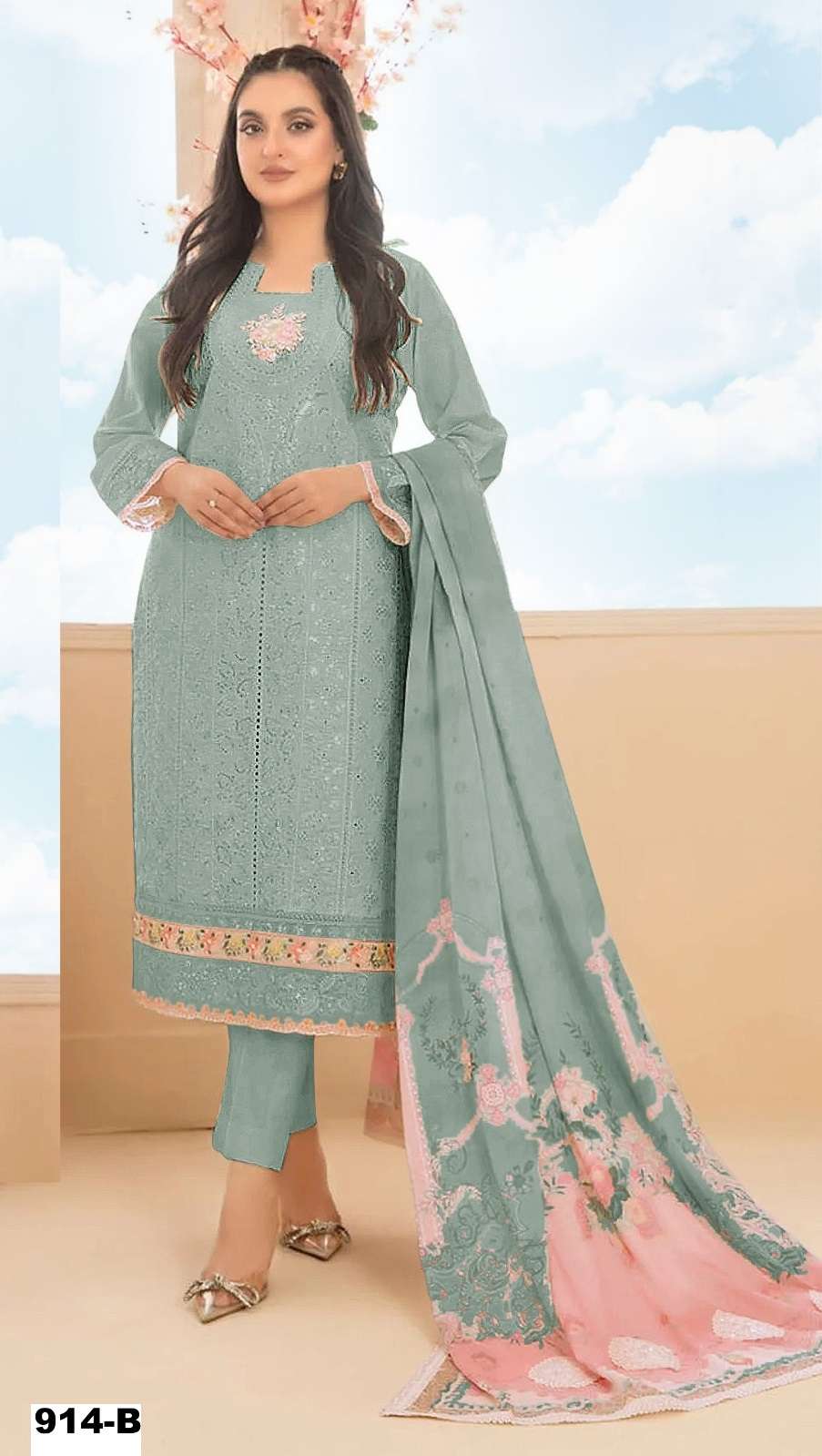 DESIGNER FANCY CAMBRIC COTTON GREEN PAKISTANI SALWAR SUIT CP 914 B