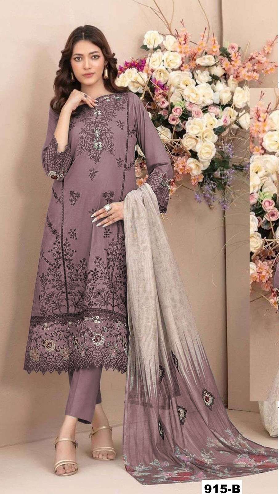 DESIGNER FANCY CAMBRIC COTTON LAVENDER PAKISTANI SALWAR SUIT CP 915 B