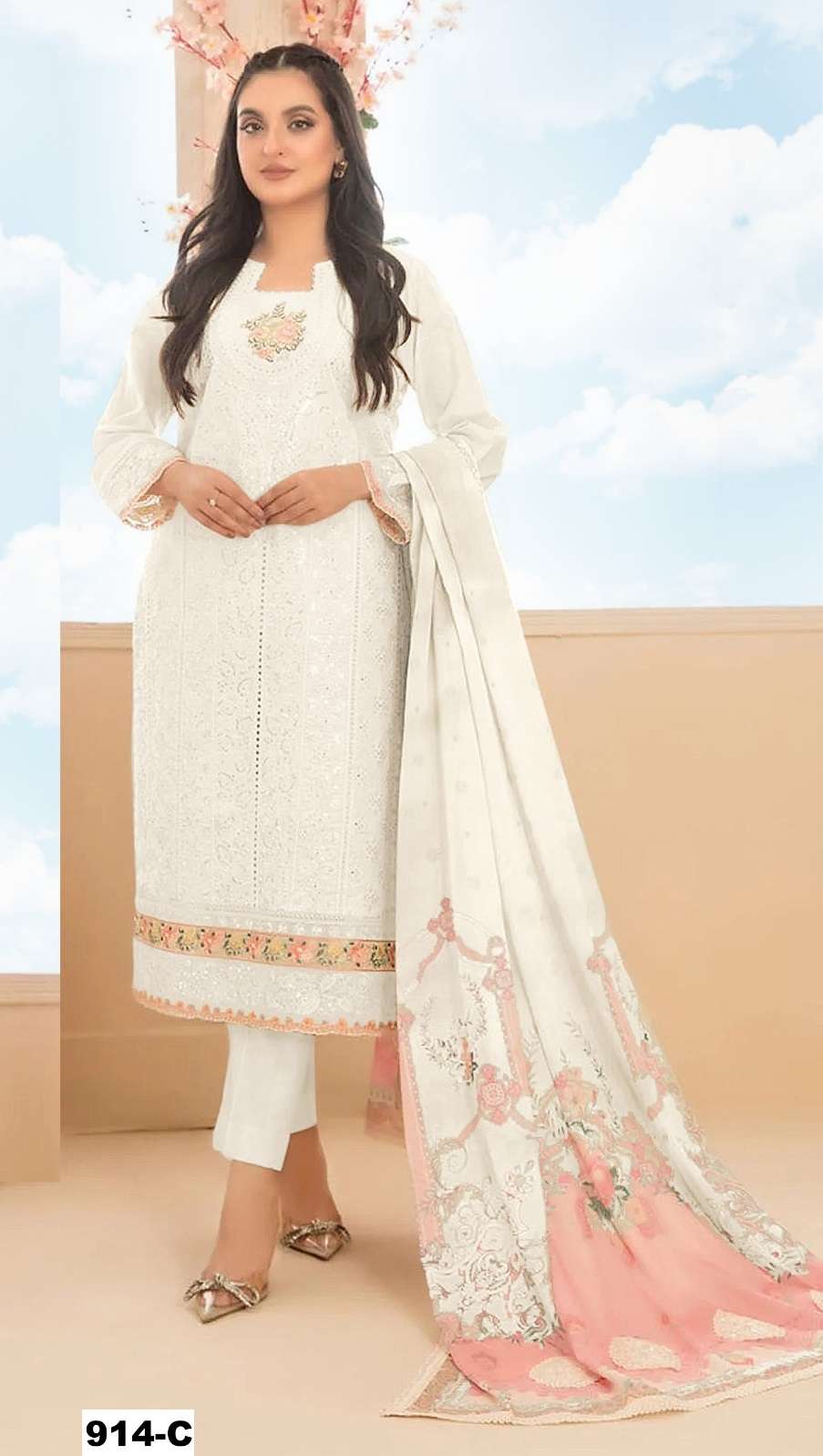 DESIGNER FANCY CAMBRIC COTTON WHITE PAKISTANI SALWAR SUIT CP 914 C