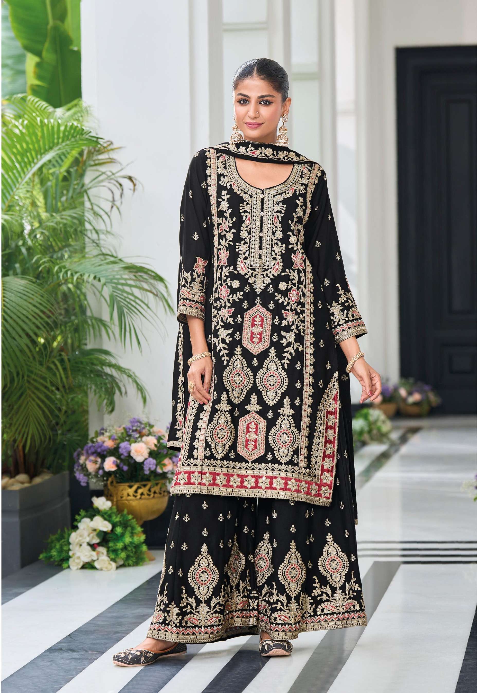 DESIGNER FANCY PARTY WEAR CHINON SILK BLACK SHARARA SALWAR SUIT PALAZZO JG 1766 B