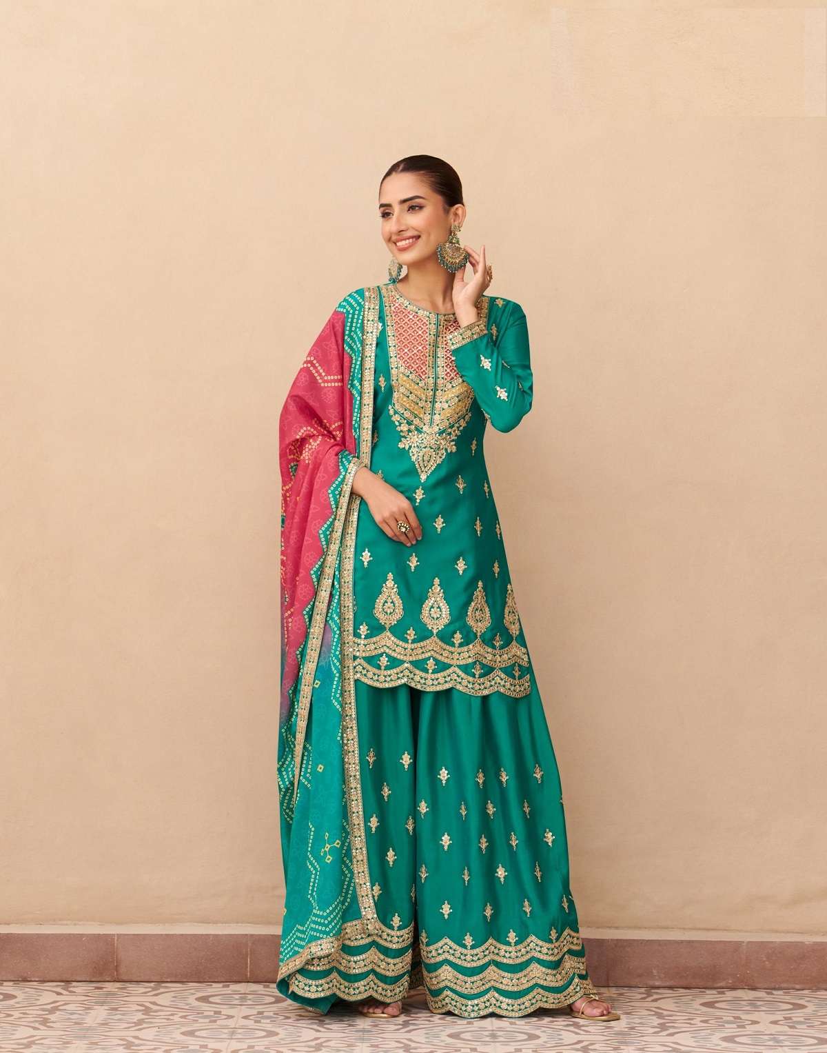 DESIGNER FANCY PARTY WEAR CHINON SILK BLUE SHARARA SALWAR SUIT PALAZZO AF ARUNA 10660