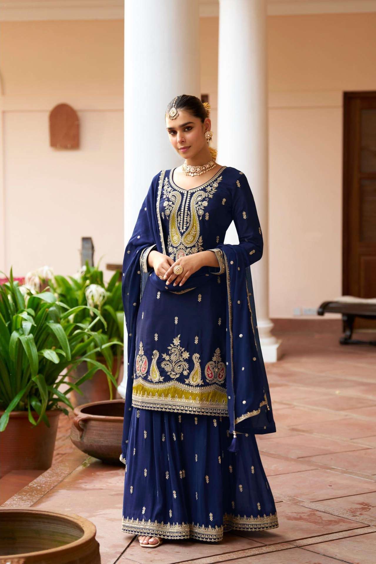DESIGNER FANCY PARTY WEAR CHINON SILK BLUE SHARARA SALWAR SUIT PALAZZO GL VARNIKA 7624