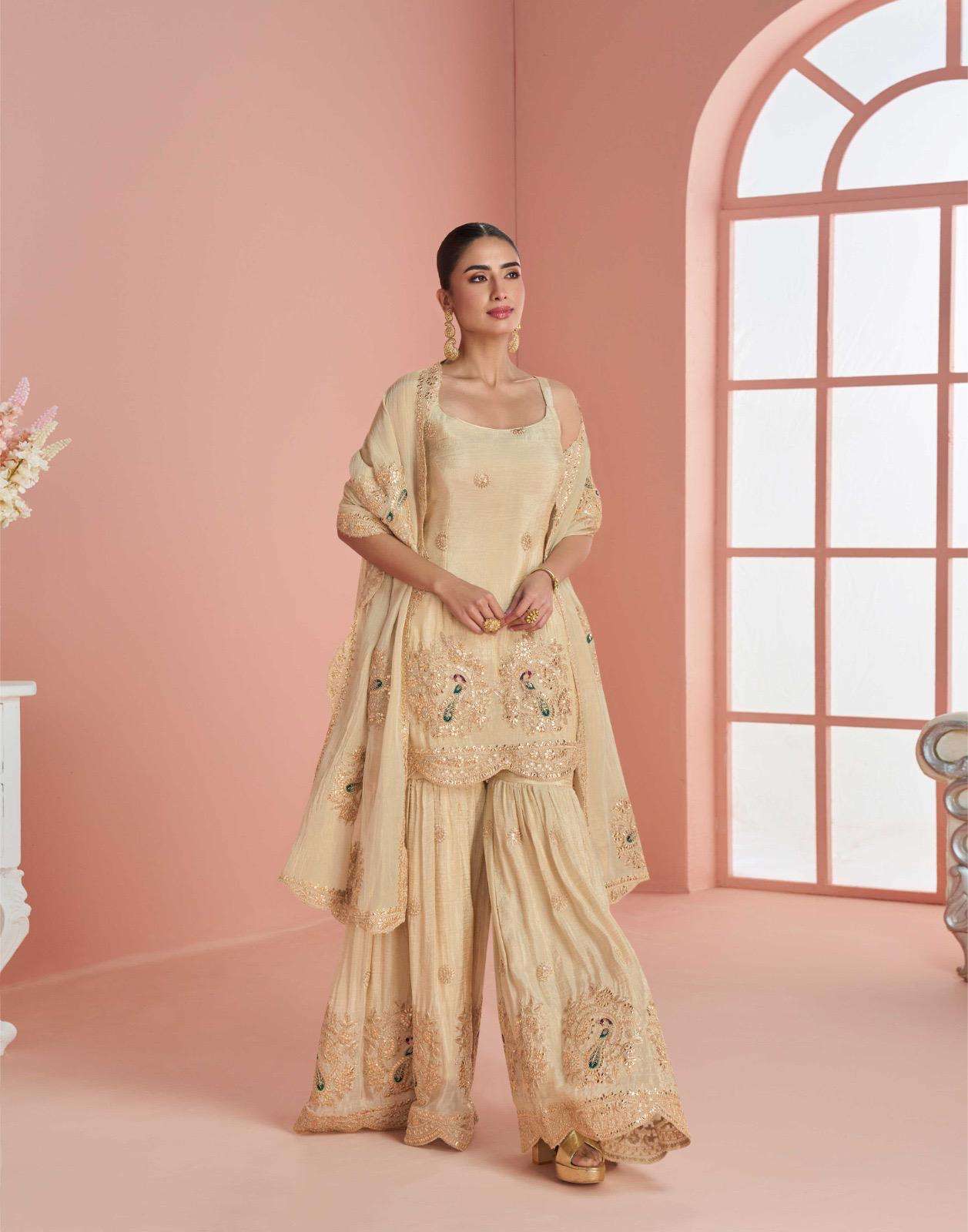 DESIGNER FANCY PARTY WEAR CHINON SILK CHIKU SHARARA SALWAR SUIT PALAZZO SY MYRA 10127