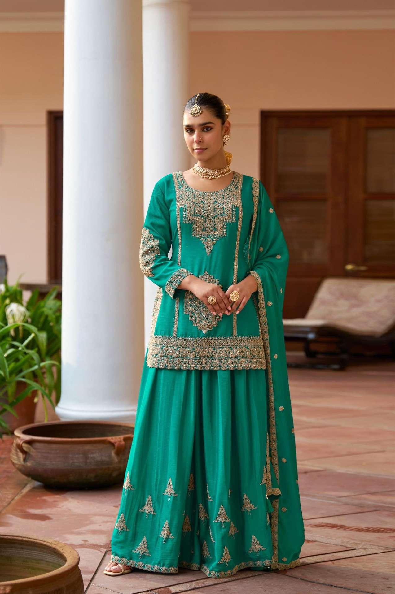 DESIGNER FANCY PARTY WEAR CHINON SILK GREEN SHARARA SALWAR SUIT PALAZZO GL VARNIKA 7622