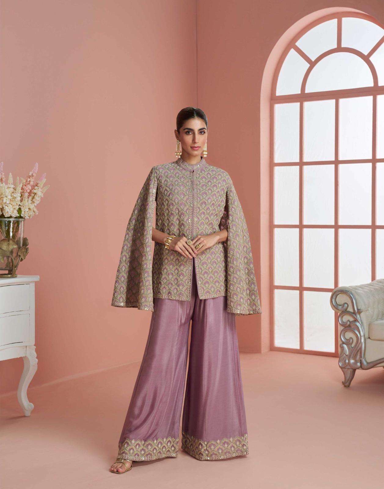 DESIGNER FANCY PARTY WEAR CHINON SILK LAVENDER SHARARA SALWAR SUIT PALAZZO SY MYRA 10128