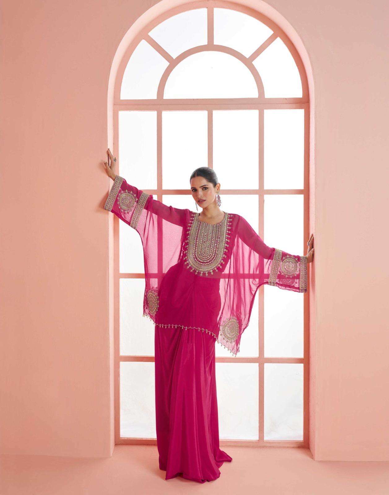 DESIGNER FANCY PARTY WEAR CHINON SILK PINK SHARARA SALWAR SUIT PALAZZO SY MYRA 10126