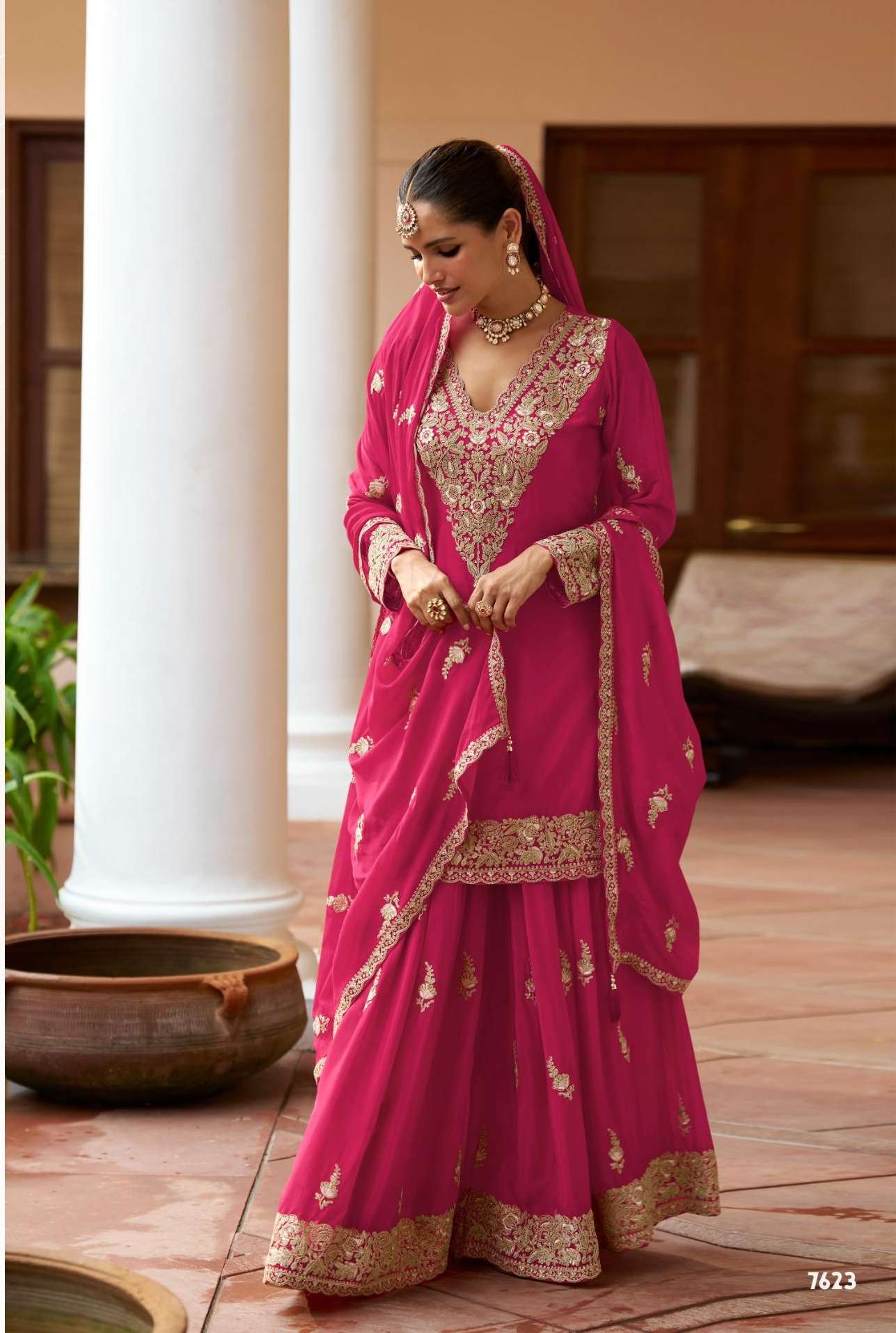DESIGNER FANCY PARTY WEAR CHINON SILK RANI PINK SHARARA SALWAR SUIT PALAZZO GL VARNIKA 7623