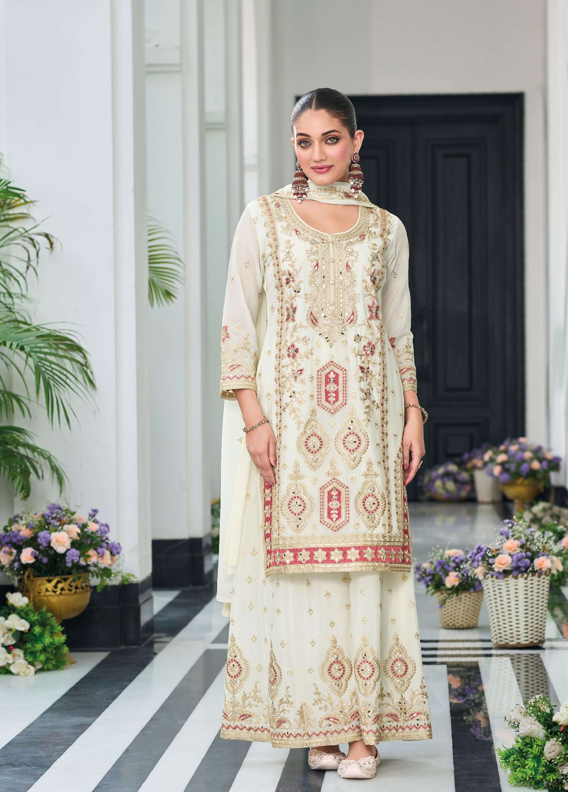 DESIGNER FANCY PARTY WEAR CHINON SILK WHITE SHARARA SALWAR SUIT PALAZZO JG 1766 A