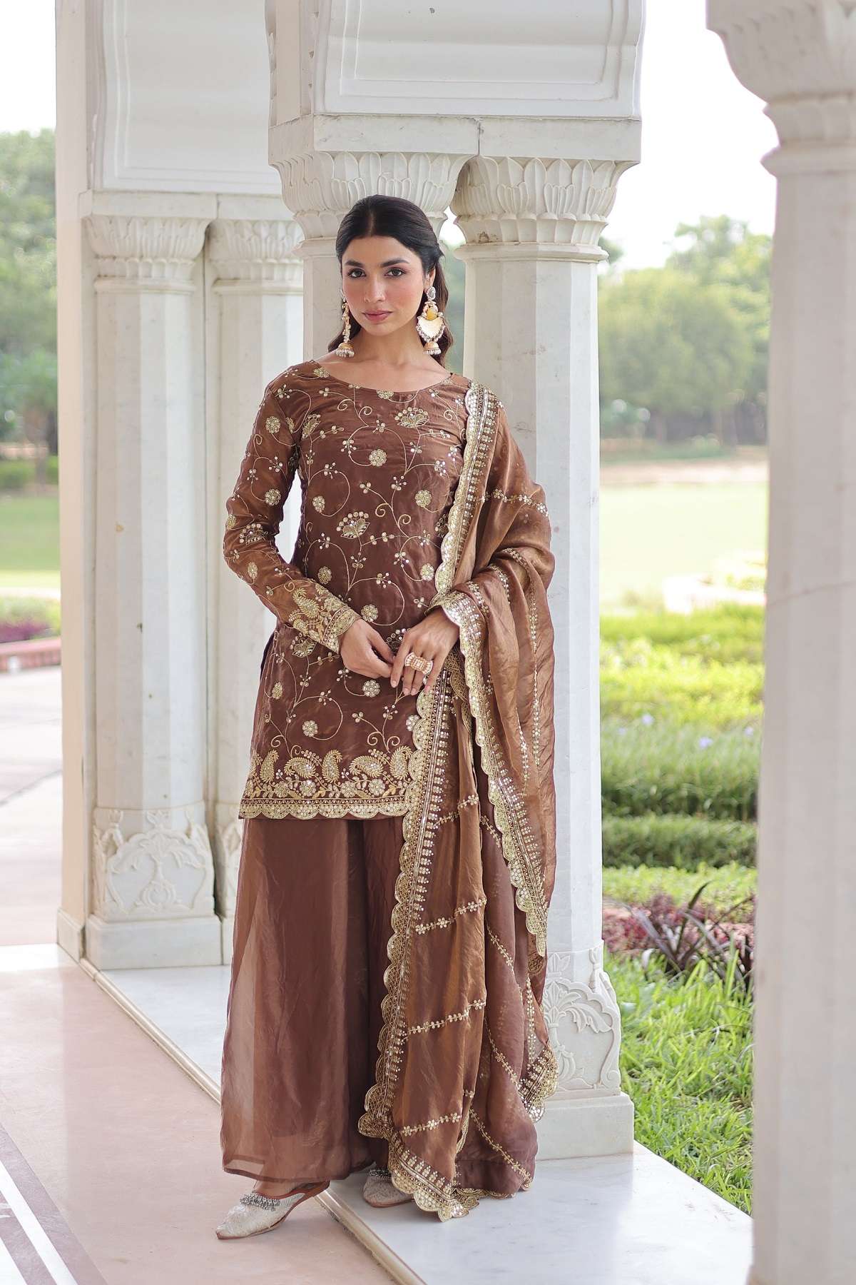 DESIGNER FANCY PARTY WEAR FENDY SILK BROWN SHARARA SALWAR SUIT PALAZZO KU 9300 B