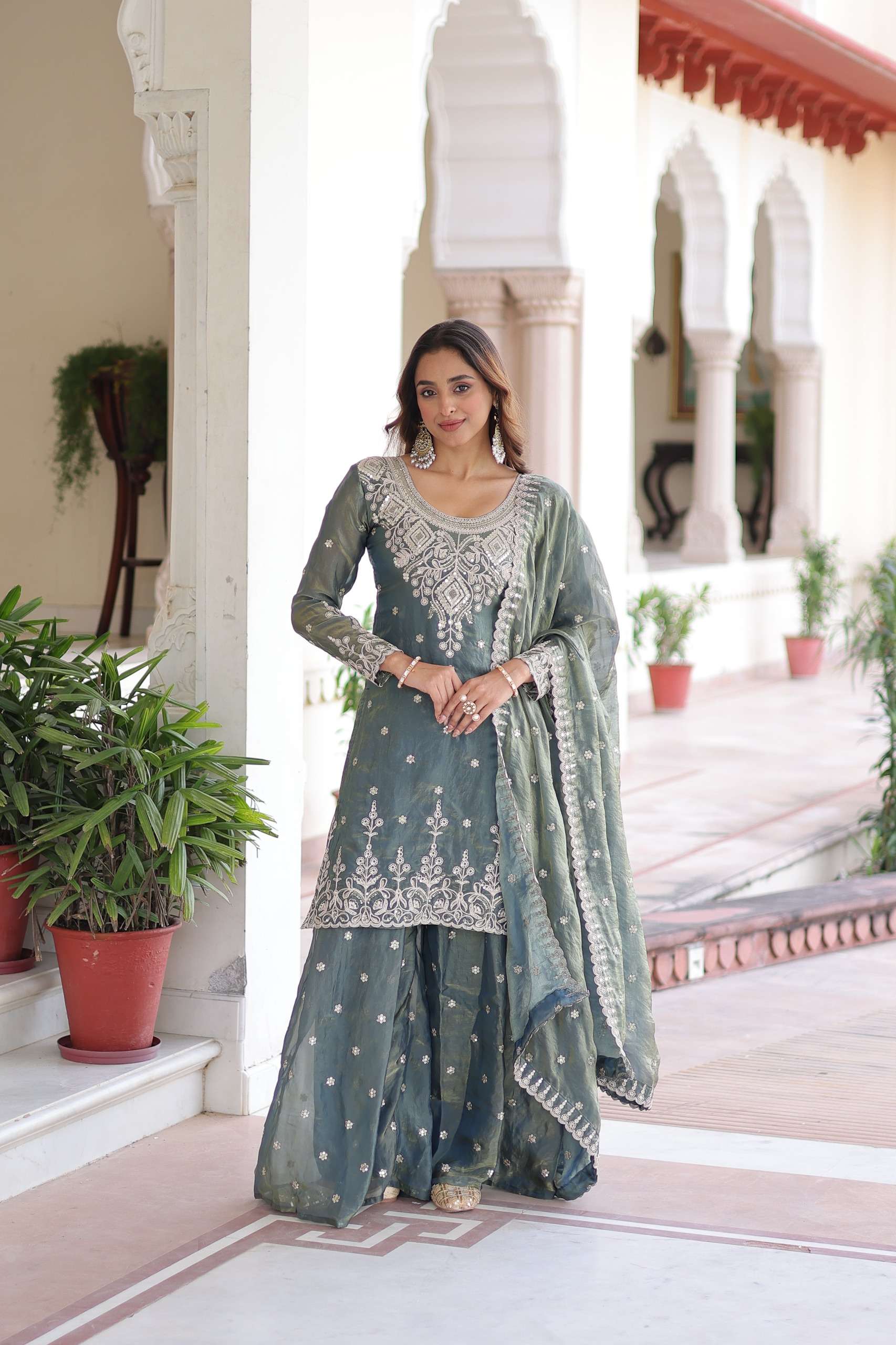 DESIGNER FANCY PARTY WEAR FENDY SILK GREY SHARARA SALWAR SUIT PALAZZO KU 1211