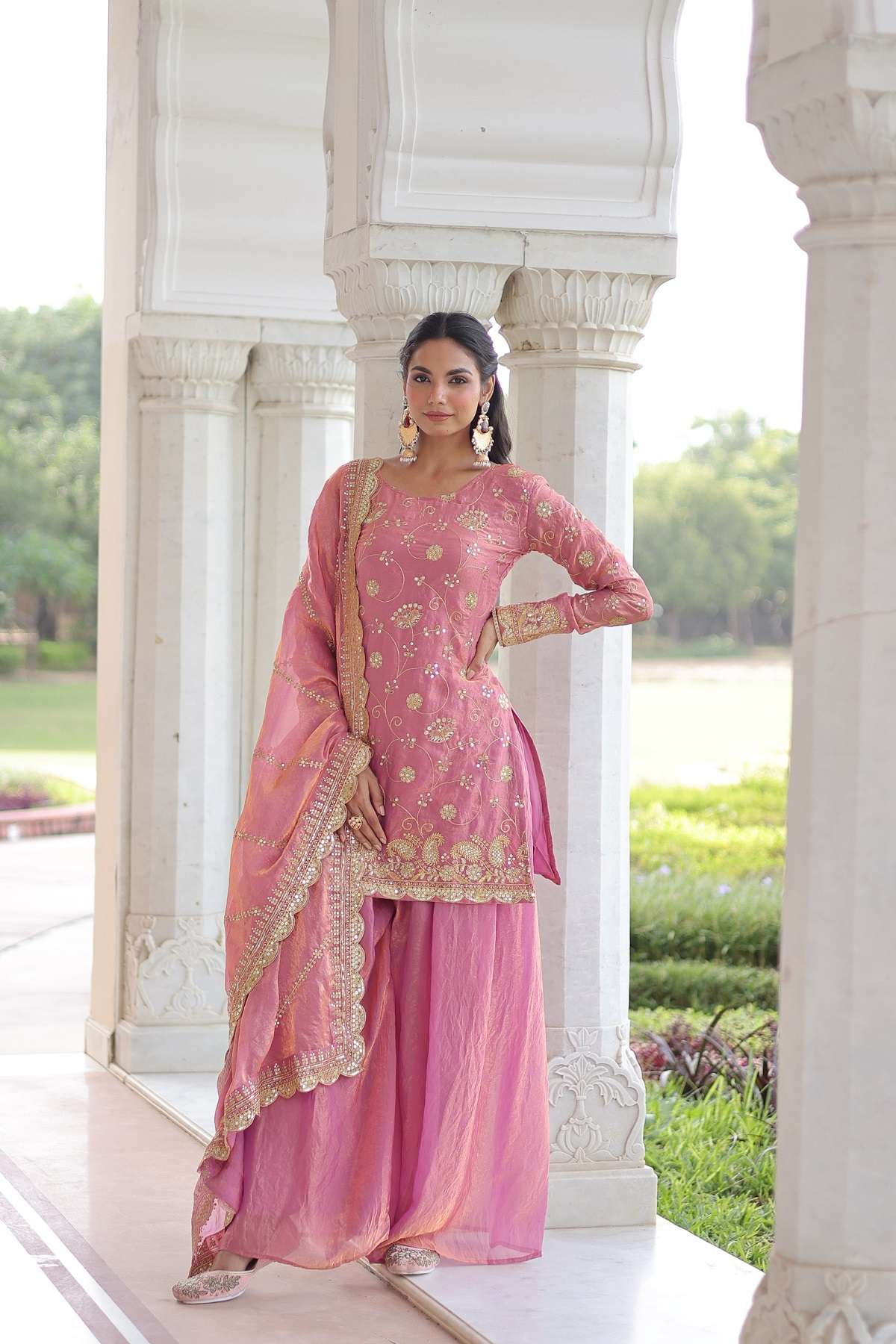 DESIGNER FANCY PARTY WEAR FENDY SILK PINK SHARARA SALWAR SUIT PALAZZO KU 9300 A