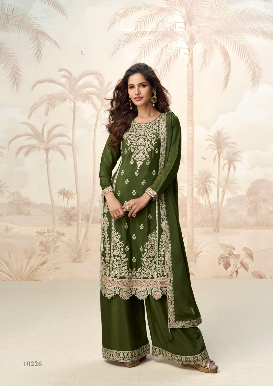 DESIGNER FANCY PARTY WEAR PREMIUM CHINON SILK GREEN SHARARA SALWAR SUIT PALAZZO AF POORVA 10226