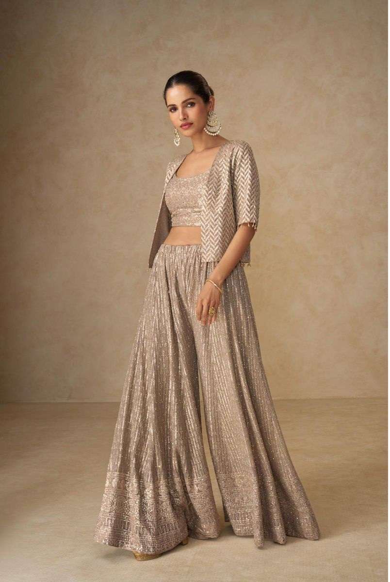 DESIGNER FANCY PARTY WEAR REAL GEORGETTE CHIKU SHARARA SALWAR SUIT PALAZZO SY LIYARA 7646