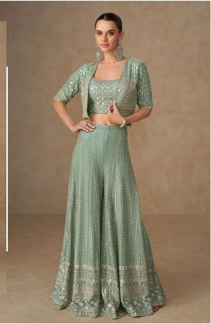 DESIGNER FANCY PARTY WEAR REAL GEORGETTE GREEN SHARARA SALWAR SUIT PALAZZO SY LIYARA 7645