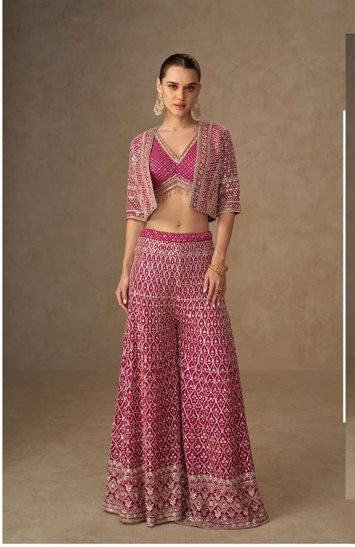 DESIGNER FANCY PARTY WEAR REAL GEORGETTE RANI PINK SHARARA SALWAR SUIT PALAZZO SY LIYARA 7647